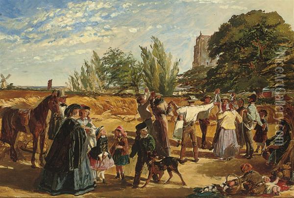 Sketch For Hallo Largess! A Harvest Scene In Norfolk Oil Painting - William Maw Egley