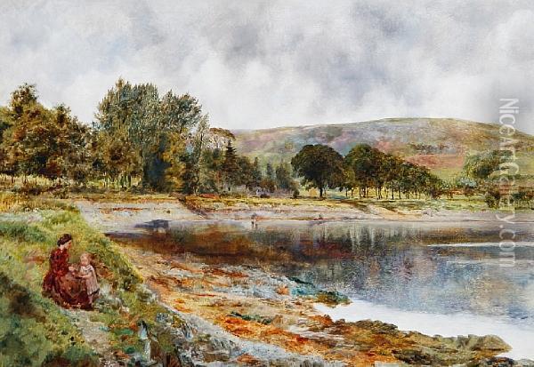 Port Bannatyne, Isle Of Bute, With Mother Andchild Seated By The Shore Oil Painting - William Davis