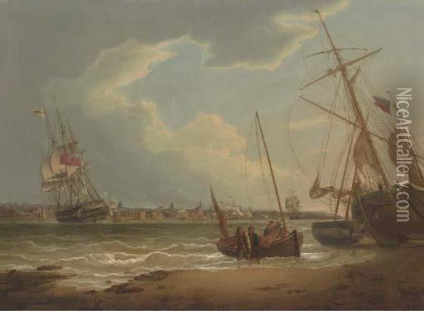 The Ship Liverpool In The Mersey, Seen From The Wallasey Foreshore,1810 Oil Painting - Robert Salmon