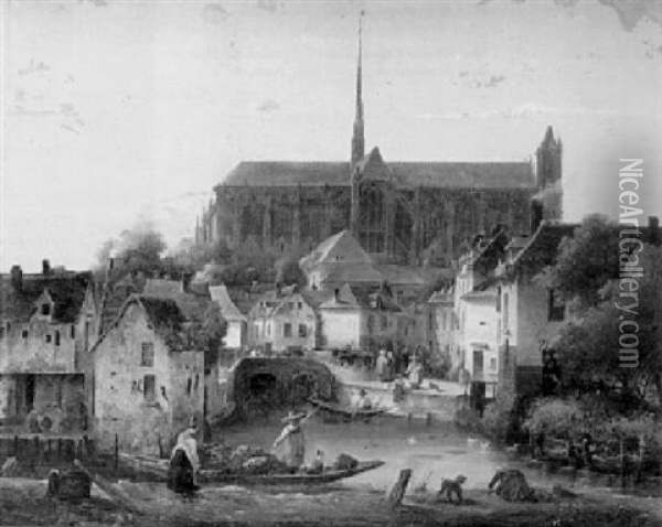 Vue De La Cathedrale D'amiens Oil Painting - Charles-Louis Lesaint