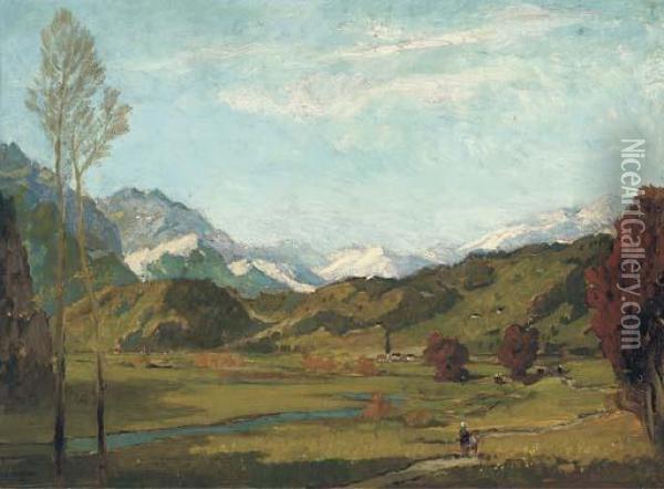Figures Walking By A Church In An Alpine Landscape Oil Painting - Carl Oskar Arends