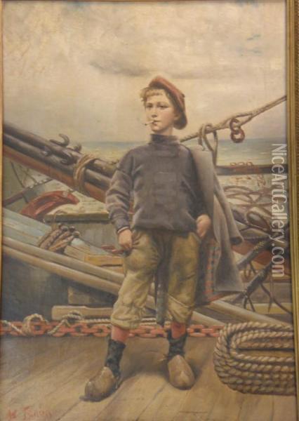 Full-length Portrait Of A Young Sailor Boy Wearing A Red Beret And Clogs And Smoking A Cigarette Oil Painting - William Feron