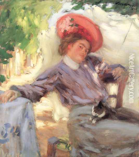 Portrait of a Woman Woman with Cat 1906 Oil Painting - Janos Vaszary