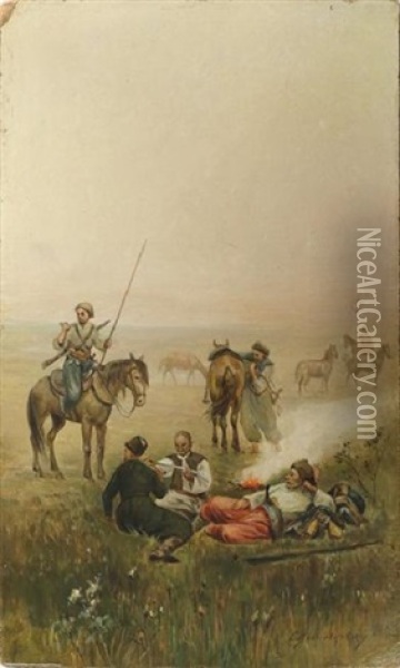 Vasilkovsky Resting With Kossacks Oil Painting - Sergei Ivanovich Vasil'kovsky