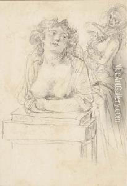 A Bare-breasted Woman Leaning Over A Pedestal, Another Woman In Thebackground Oil Painting - Augustin de Saint-Aubin