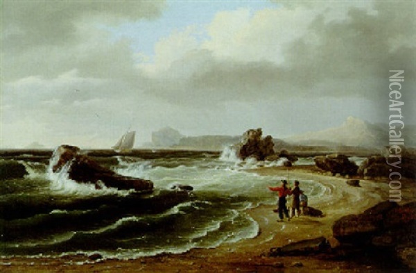 Three Figures On Shore Oil Painting - Thomas Birch