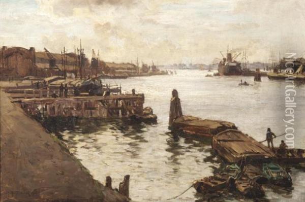 View Of The Rotterdam Harbour Oil Painting - Johann Hendrik Van Mastenbroek