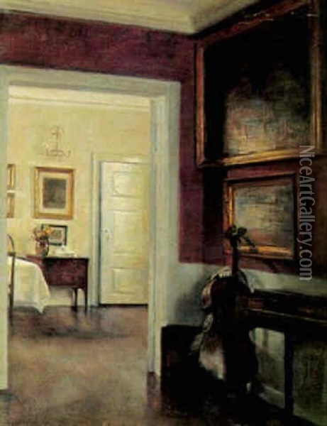 Interior Fra En Stue Med Cello Op Ad Vaeggen, Abning Ind Til Spisestue Oil Painting - Carl Vilhelm Holsoe