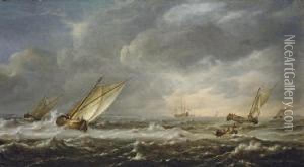 Fishing Boats In Choppy Seas Off The Coast Oil Painting - Hieronymous Van Diest