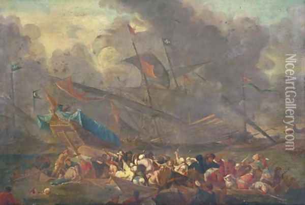 A naval battle between an Ottoman and a Christian fleet Oil Painting - Cornelis de Wael