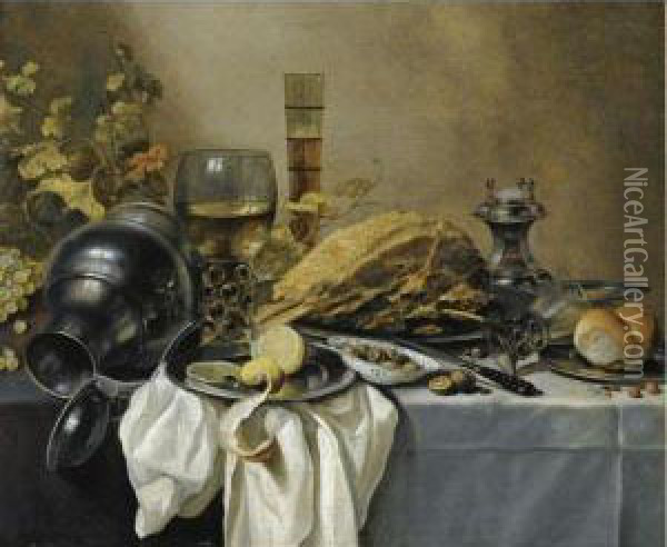 A Still Life With An Overturned 
Pewter Jug, A Roemer And A Blue Lined Beer Glass, Surrounded By Grapes 
And Leaves, A Pewter Plate With A Ham, A Salt Cellar, A Roll And A 
Sliced Lemon On Pewter Plates With Olives In A Porcelain Bowl Oil Painting - Pieter Claesz.