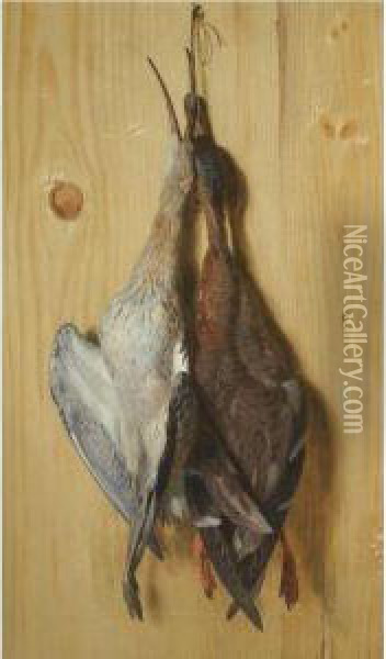 A Still Life Of A Duck And A Wader Suspended From A Nail Oil Painting - Jacques Charles Oudry