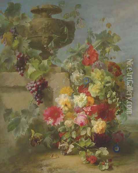 Still Life of Roses, Morning Glories, Chrysanthemums, Forget-me-nots, Grapes and Raspberries by a decorative stone Urn on a Ledge in a Landscape Oil Painting - Jean-Baptiste Robie