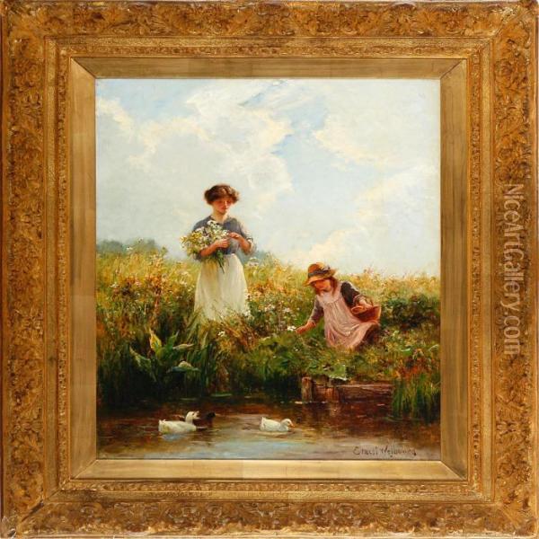 Girls On A Meadow By Acreek With Ducks Oil Painting - Ernst Walbourn