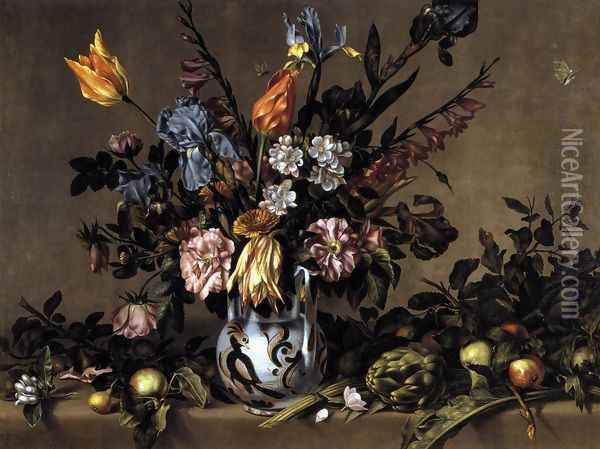 Still-Life with Flowers, Artichokes and Fruit c. 1660 Oil Painting - Antonio Ponce