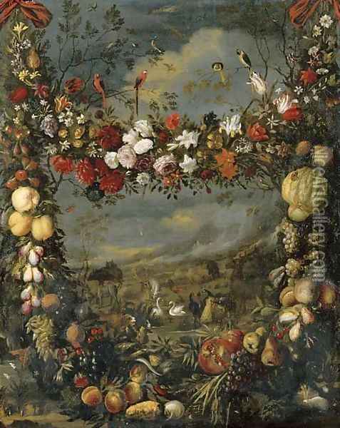 Animals in a landscape surrounded by a garland of flowers Oil Painting - Jan Pauwel Gillemans The Elder