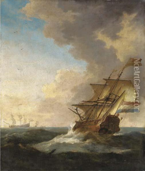 A Dutch Frigate Sailing In A Fresh Breeze, Other Ships Beyond Oil Painting - Willem van de, the Elder Velde