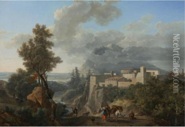 A View Near Messina, With 
Peasants And Animals Along A Path And A View Of A Fortified Town Beyond Oil Painting - Nicolas Antoine Taunay