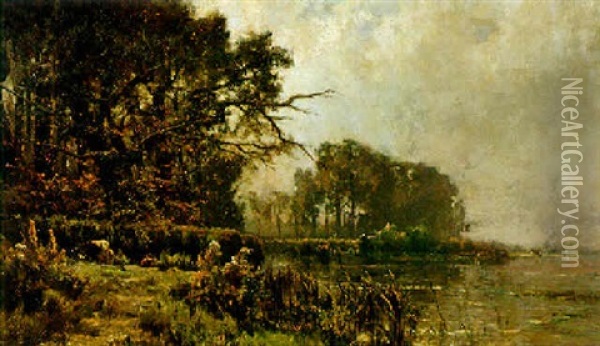 Herdsman By A Lake Oil Painting - Edmond De Schampheleer