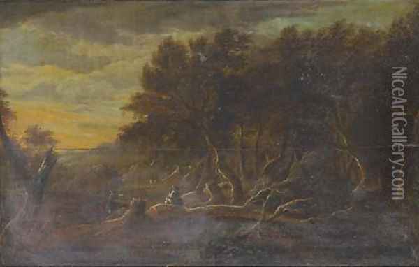 A wooded river landscape with anglers in the foreground Oil Painting - Jacob Van Ruisdael