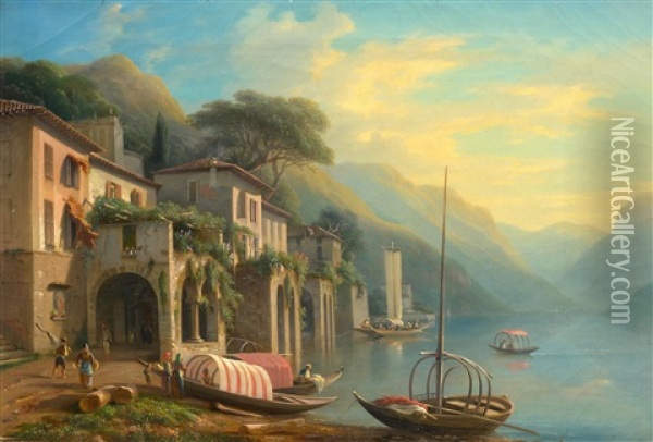 Lake Landscape In Northern Italy, With Houses And Boats Oil Painting - Charles Louis Guigon