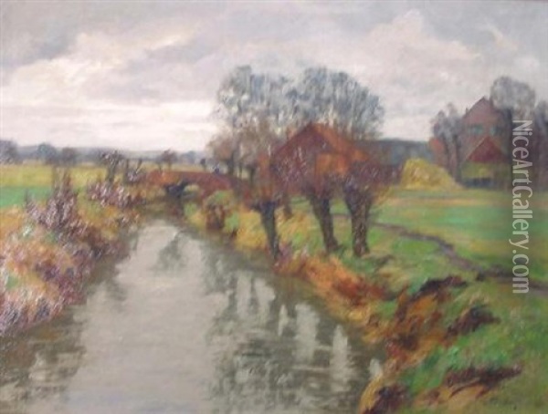 Niederrheinische Fluslandschaft Mit Kopfweiden Oil Painting - Alfred Rasenberger