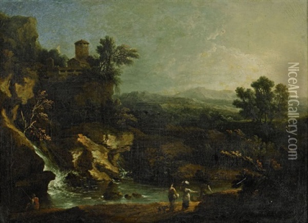 Klassiskt Landskap Med Figurer Vid Vattendrag Oil Painting - Pierre Salomon Domenchin de Chavanne