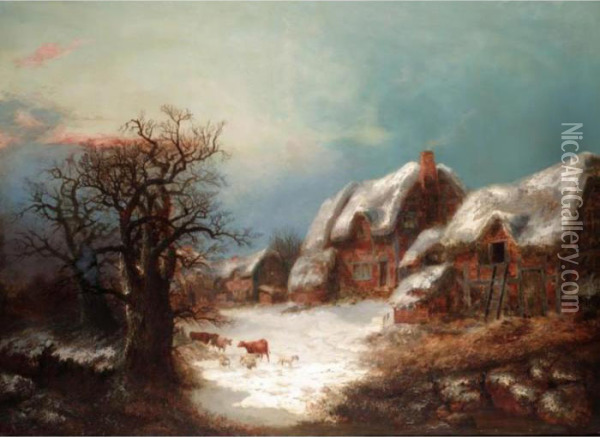 Winter Landscape With Cattle And Sheep Oil Painting - Hendrik Pieter Koekkoek