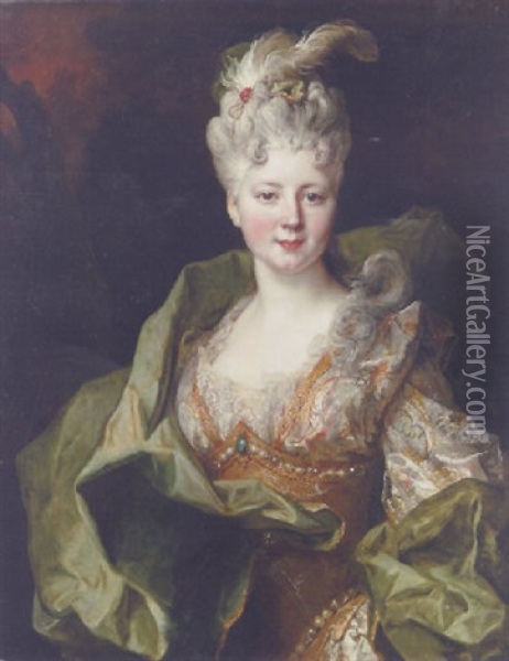 Portrait Of Mlle. Jeanne De Gagne Perrigny In An Embroidered Orange And White Dress And Green Wrap Oil Painting - Nicolas de Largilliere