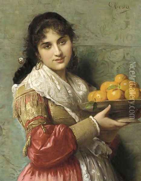 A Young Italian Beauty with a Plate of Oranges Oil Painting - Giovanni Costa