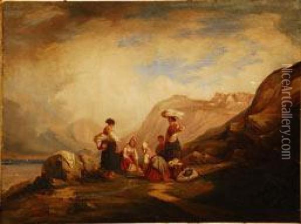 Vista Costera Con Lavanderas Oil Painting - Paul Delacroix