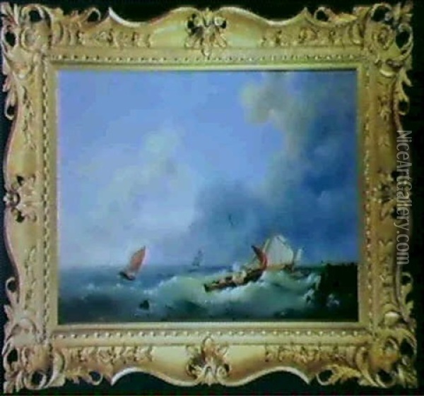 Fishing Smacks In A Swell Off A Jetty Oil Painting - Hermanus Koekkoek the Elder