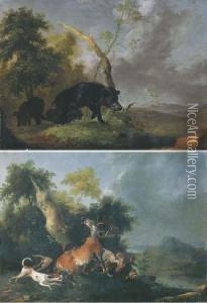 A Landscape With Boars Foraging; And A Landscape With Houndsbringing Down A Deer Oil Painting - Wenzel Ignaz Prasch