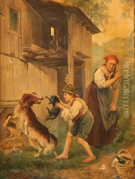 Genre Scene Of Woman And Child With Cat And Dog, Oil Painting - Adolf Kaufmann