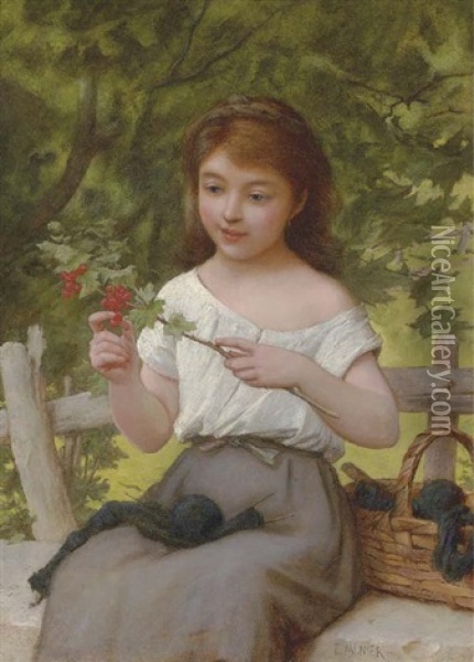 A Young Girl With A Sprig Of Berries Oil Painting - Emile Munier