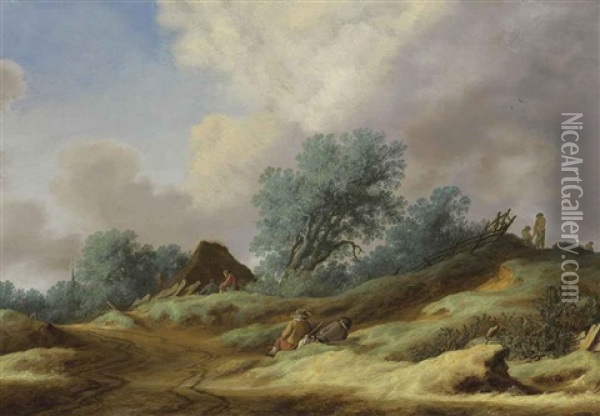 A Landscape With Peasants On A Dune Oil Painting - Salomon van Ruysdael