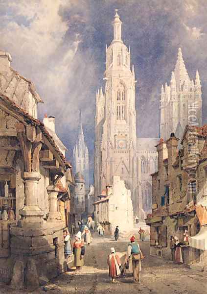 Figures in a busy Continental Street, thought to be the Rue Saint Malo Oil Painting - Samuel Prout