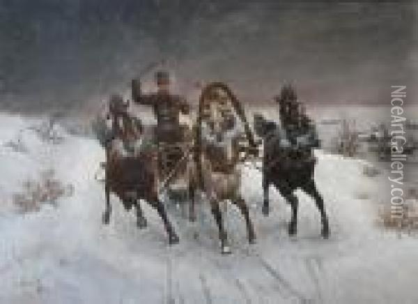 A Troika Sleigh At Speed In The Snow Oil Painting - Adolf Baumgartner