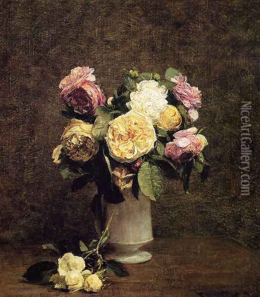 Roses in a White Porcelin Vase Oil Painting - Ignace Henri Jean Fantin-Latour
