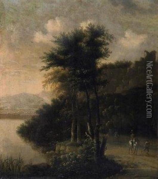 Foresty Riverlandscape With Horsemen. With Monogram Lower Left: Ws Oil Painting - Willem Schellinks