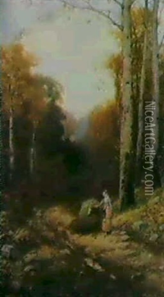 Skovparti Med Ung Pige, Der                                 Har Samlet Kviste Oil Painting - Hubert Salintin