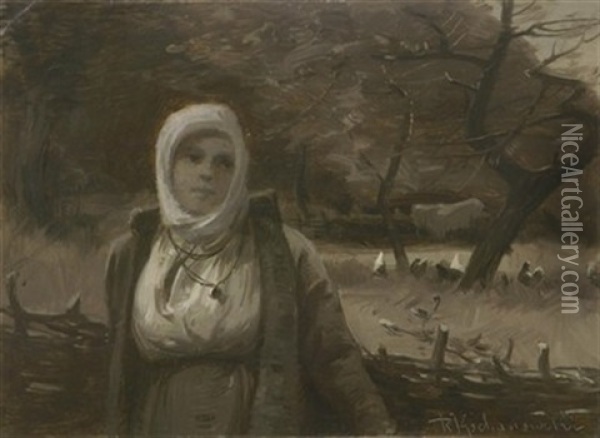 Junge Bauerin In Halbfigur Vor Einem Geflochtenen Zaun Oil Painting - Roman Kochanowski