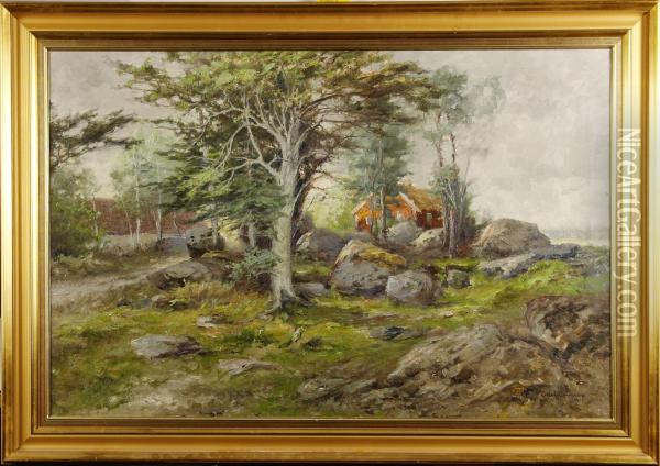 Landskap Med Rod Stuga Oil Painting - Otto Gripensvard