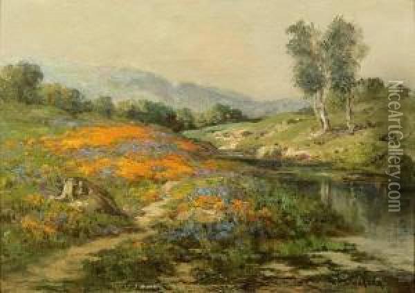 Poppies And Lupine By A River Oil Painting - William Jackson