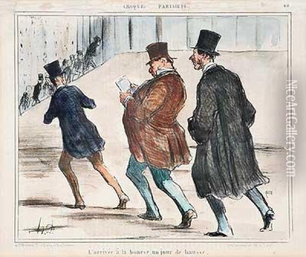 L'arrivee A La Bourse, Un Jour De Hausse Oil Painting - Honore Daumier