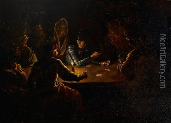 A Soldier In Armor And Others Playing Cards At A Table By Candlelight Oil Painting - Domenico Viola