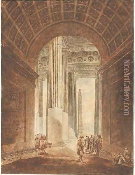 The colonnade of the piazza of Saint Peter's, Rome, with the obelisk seen through an arch Oil Painting - Louis-Nicolas Louis (Victor Louis)