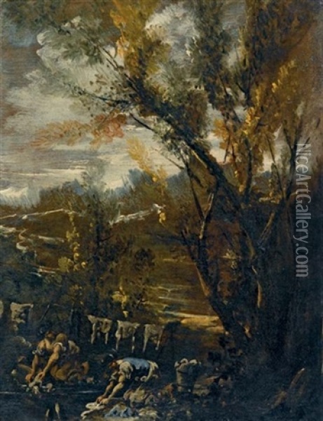 Paesaggio Fluviale Con Lavandaie Oil Painting - Antonio Francesco Peruzzini