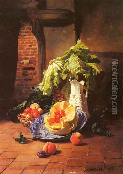 A Still Life With A White Porcelain Pitcher, Fruit And Vegetables Oil Painting - David Emil Joseph de Noter