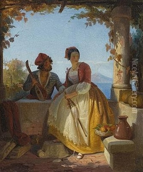 Liebespaar In Sorrent, Im Hintergrund Der Vesuv Oil Painting - Maksymiljan Antoni Piotrowski